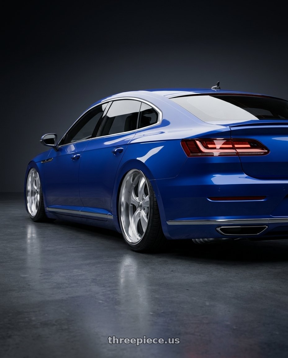 2021 VW Arteon with Strada Street Classics Old Skool 5x120 24x10 +25 Brushed Face Silver Milled SS Lip wheels rear three quarter view extreme stretch tires