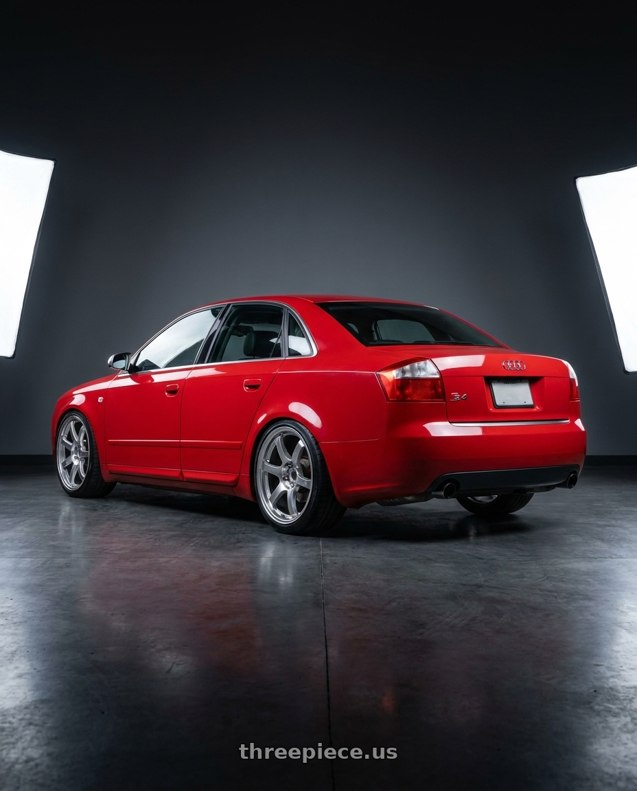 2004 Audi s4 with Gram Lights 57DR 5x114.3 19x9.5 +25 GRACE SILVER wheels rear three quarter view slight stretch tires