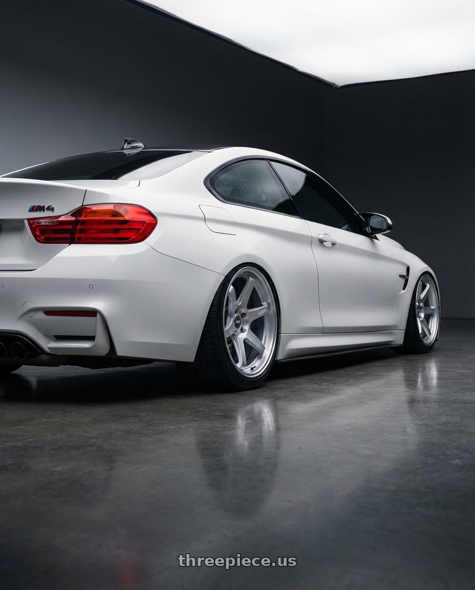 2018 BMW M4 F82 with ESR Wheels APEX SERIES AP6 5x120 19x9.5 +35 Hyper Silver wheels rear three quarter view slight stretch tires