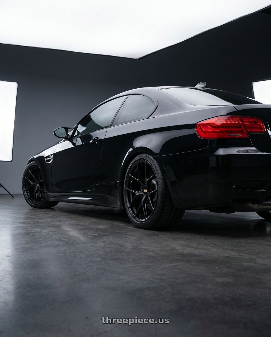 2011 e92 m sport with BBS FI-R 5x120 19x9.5+22 Satin Black wheels rear three quarter view square tires