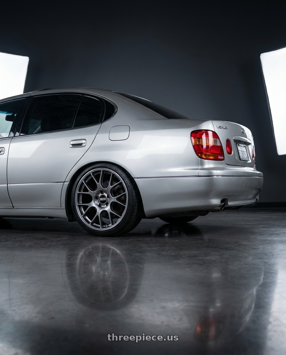 2004 Lexus GS300 Silver with BBS CH-R 5x112 18x8.5 +38 Satin Titanium Polished Rim Protector wheels rear three quarter view square tires