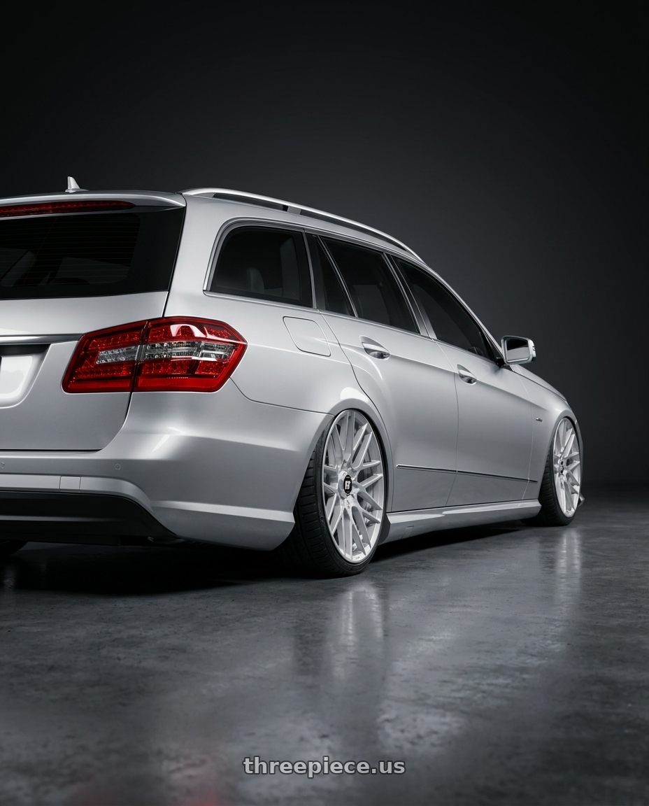 2010 Benz s212 with Rotiform 1PC R140 RSE 5X112/5X120 20X10 +40 GLOSS SILVER wheels rear three quarter view square tires