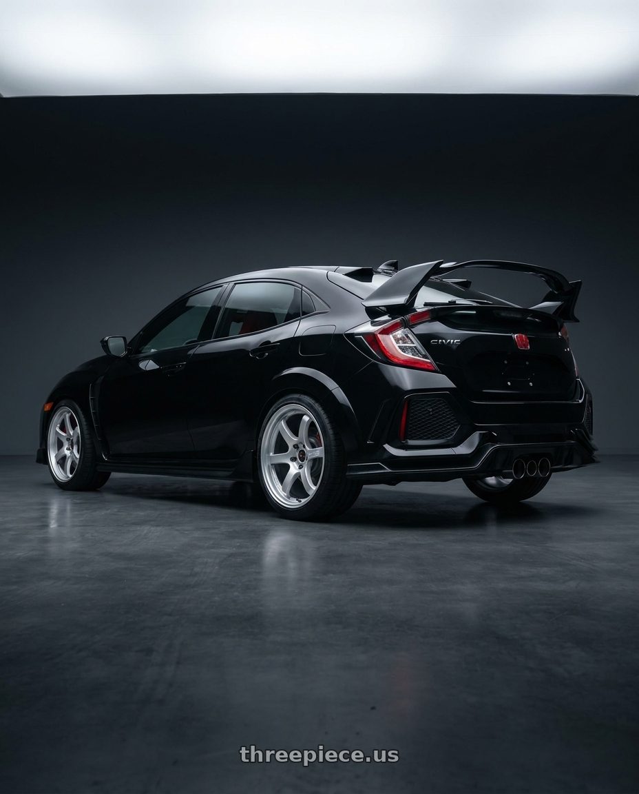 2019 honda civic type r with Gram Lights 57DR 5x120 18x9.5+38 Grace Silver wheels rear three quarter view slight stretch tires