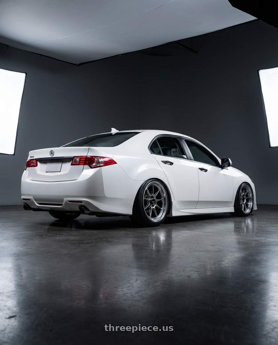 2013 Acura TSX with Konig Countergram 5x114.3 19x9.5+35 Hyper Chrome / Machined Lip wheels rear three quarter view slight stretch tires