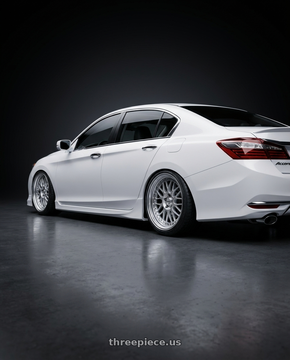 2016 Honda accord with Work Meister M1 3p 5x114.3 18x8.5+45 O Disk Silver wheels rear three quarter view square tires
