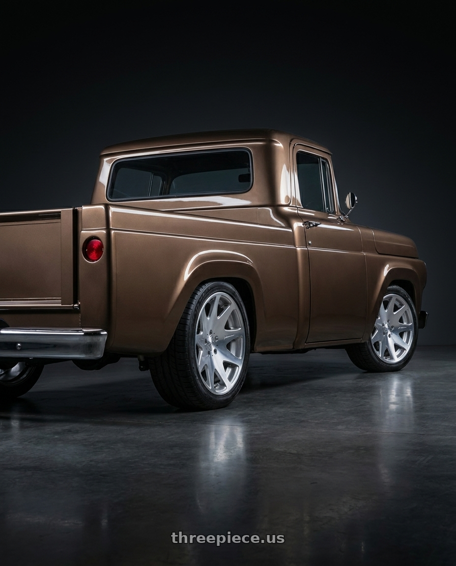 1960 ford f100 with MRR HR3 5x114.3 19x9.5 +40 Silver Machine Face wheels rear three quarter view square tires