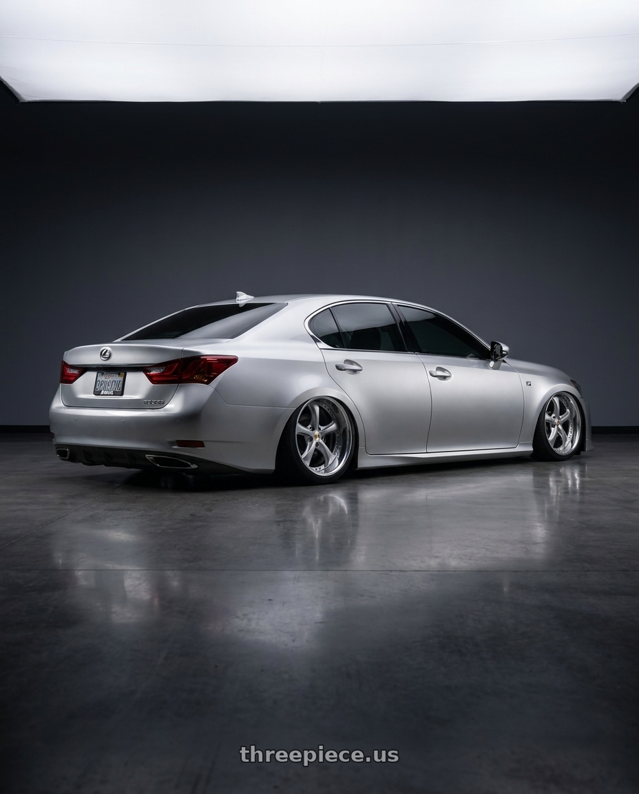 2015 Lexus gs350 with Work Wheels VS-KF 5x110 20x13.5+9 Light Grey Silver L Disk FULL REVERSE wheels rear three quarter view square tires