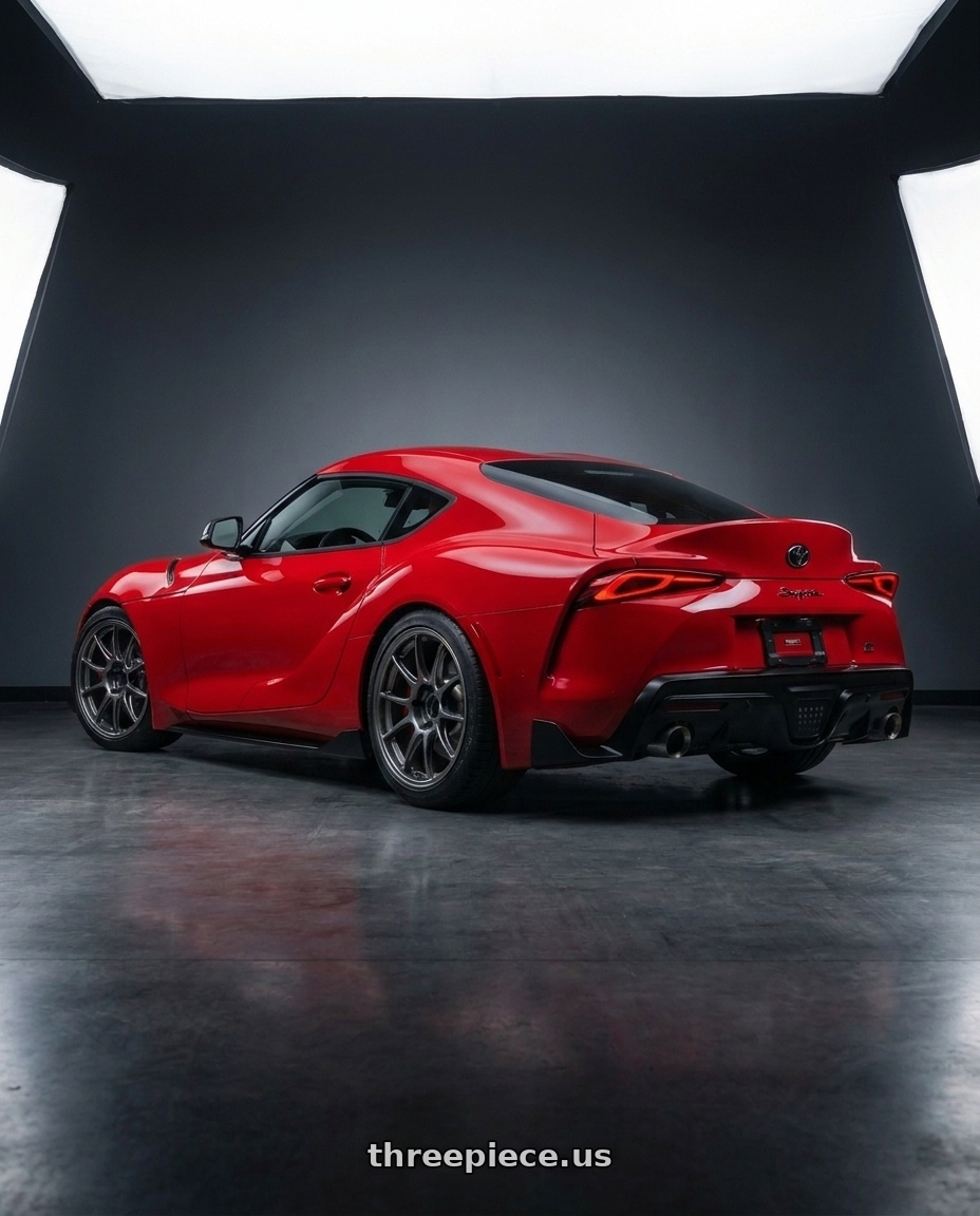 2022 Toyota supra with BBS LM-R 5x112 19x9.5+38 Diamond Silver wheels rear three quarter view square tires