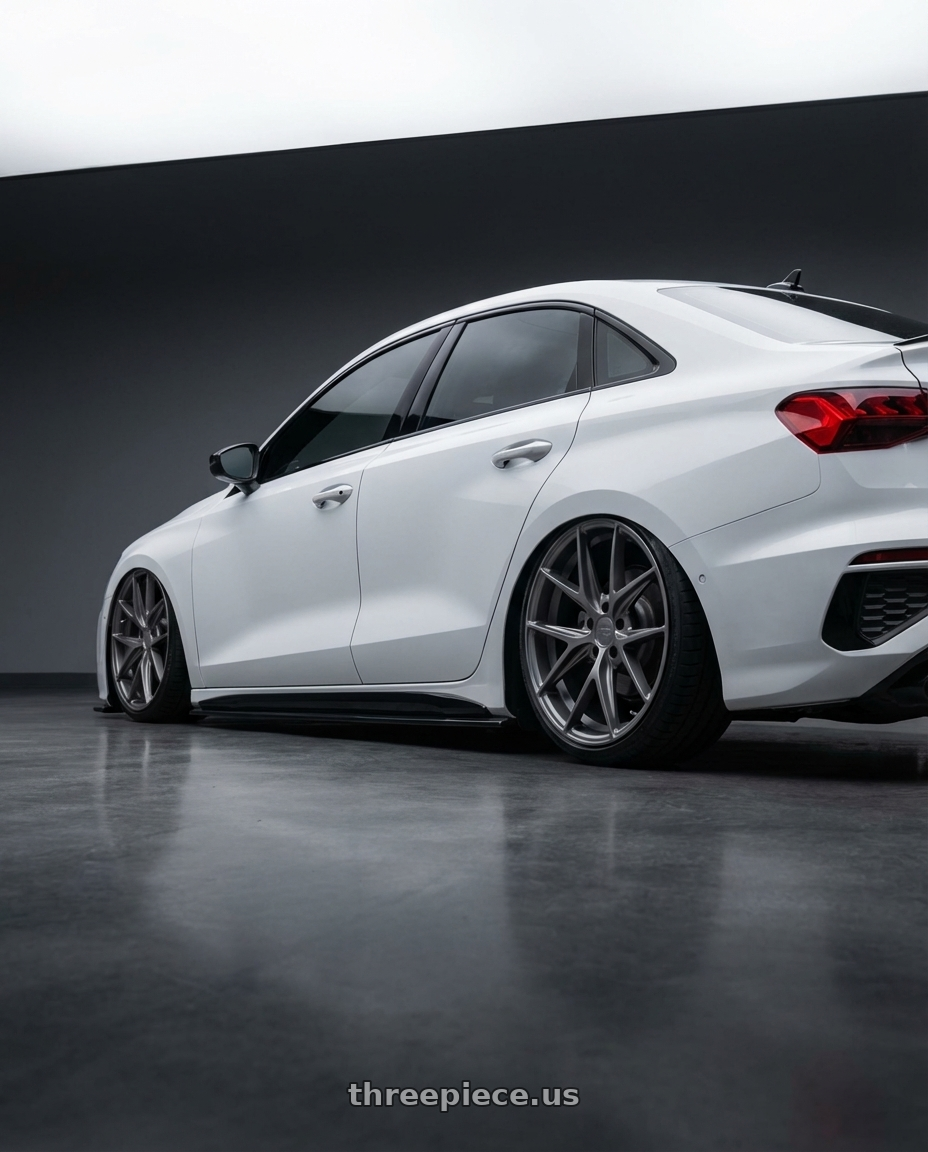 2024 Audi S3 8Y with Niche 1PC M116 MISANO 5X112 19X8.5 +25 MATTE GUN METAL wheels rear three quarter view slight stretch tires