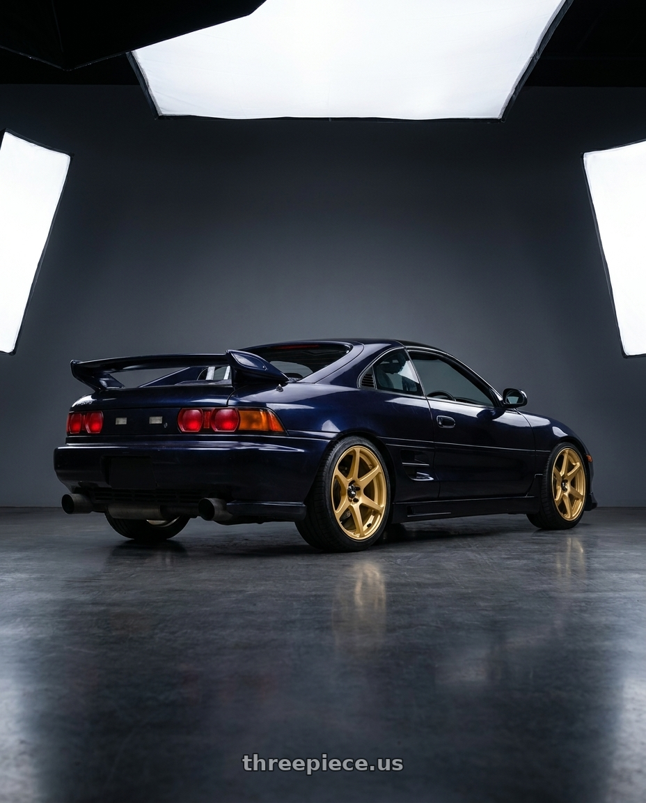 1998 toyota mr2 with Motegi MR154 BATTLE 5X114.3 18X8 +30 GOLD wheels rear three quarter view slight stretch tires