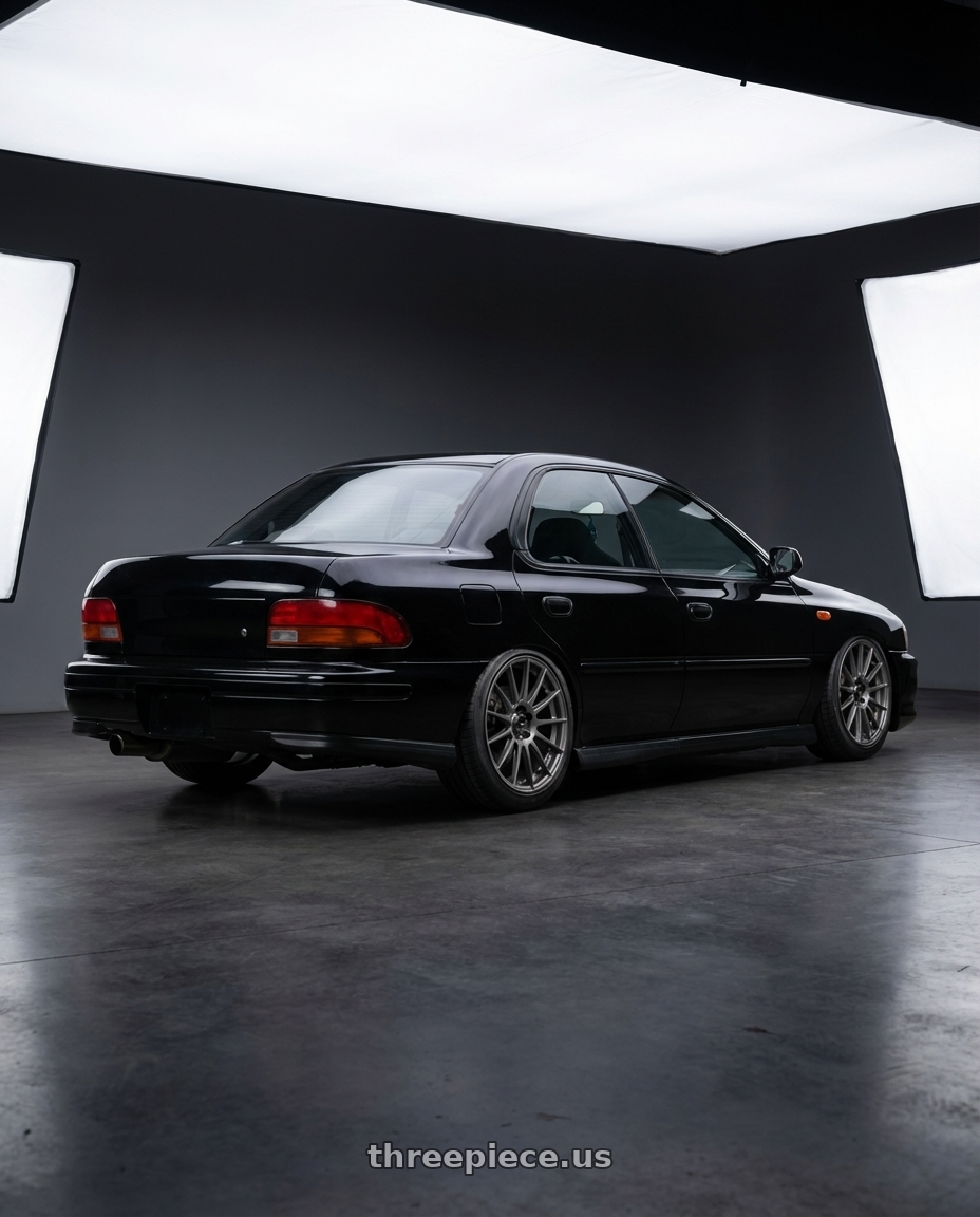 1998 Subaru Impreza GC8 with Konig Rennform 5x114.3 17x8+35 Matte Grey wheels rear three quarter view slight stretch tires