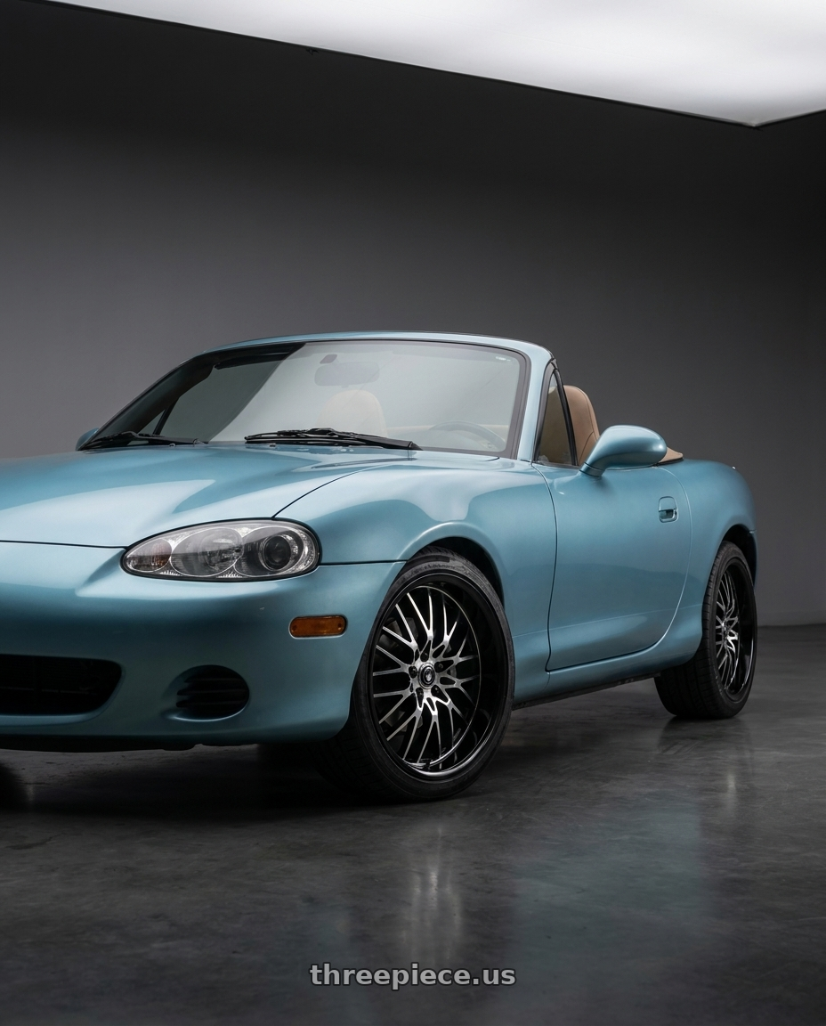 2002 Mazda Miata with Konig Lace 4X100/4X114.3 15x6.5+38 Black/Machine Spoke wheels