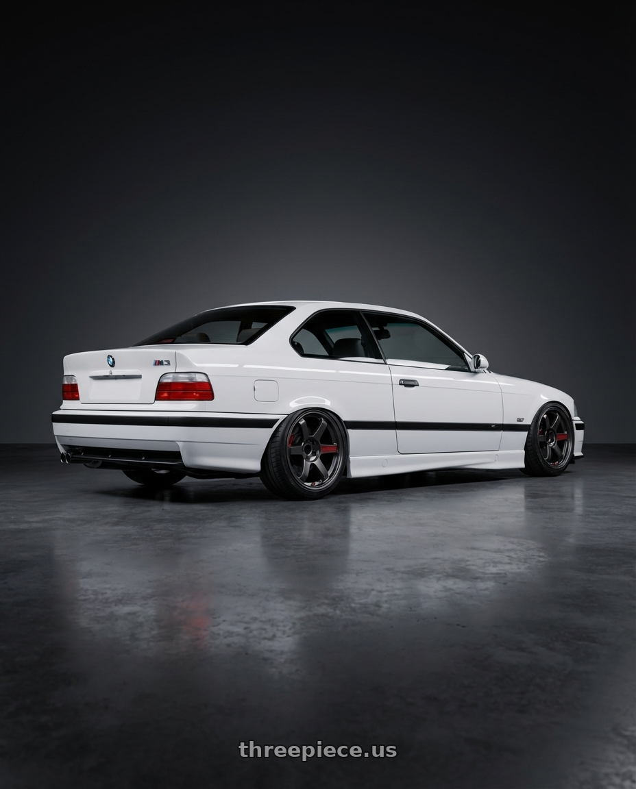 1998 BMW M3 with Volk Racing TE37 Saga SL 5x114.3 18x8.5+45 Pressed Graphite wheels rear three quarter view slight stretch tires