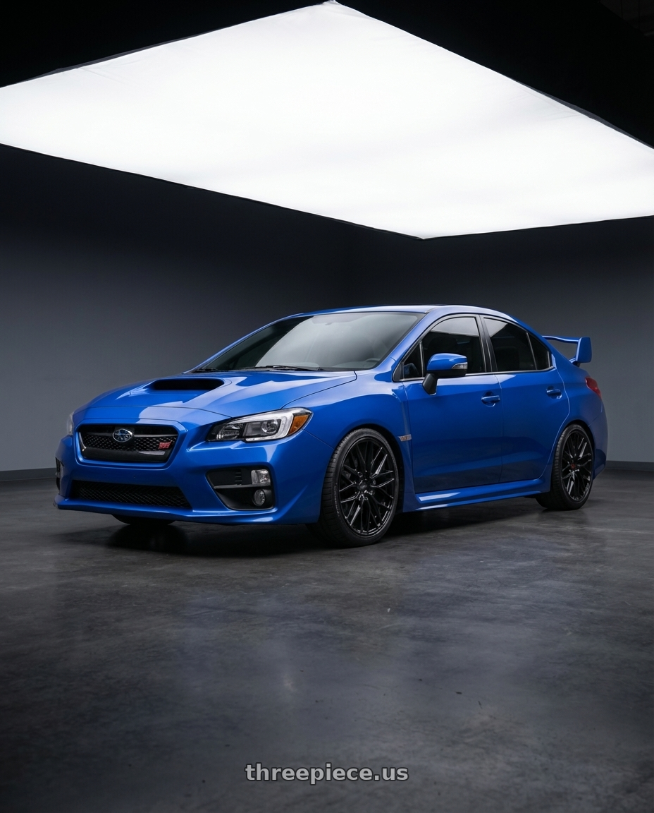 2013 Subaru WRX STI with Niche 1PC M224 GAMMA 5X114.3 18X8 +40 GLOSS BLACK wheels front three quarter view lowered stance