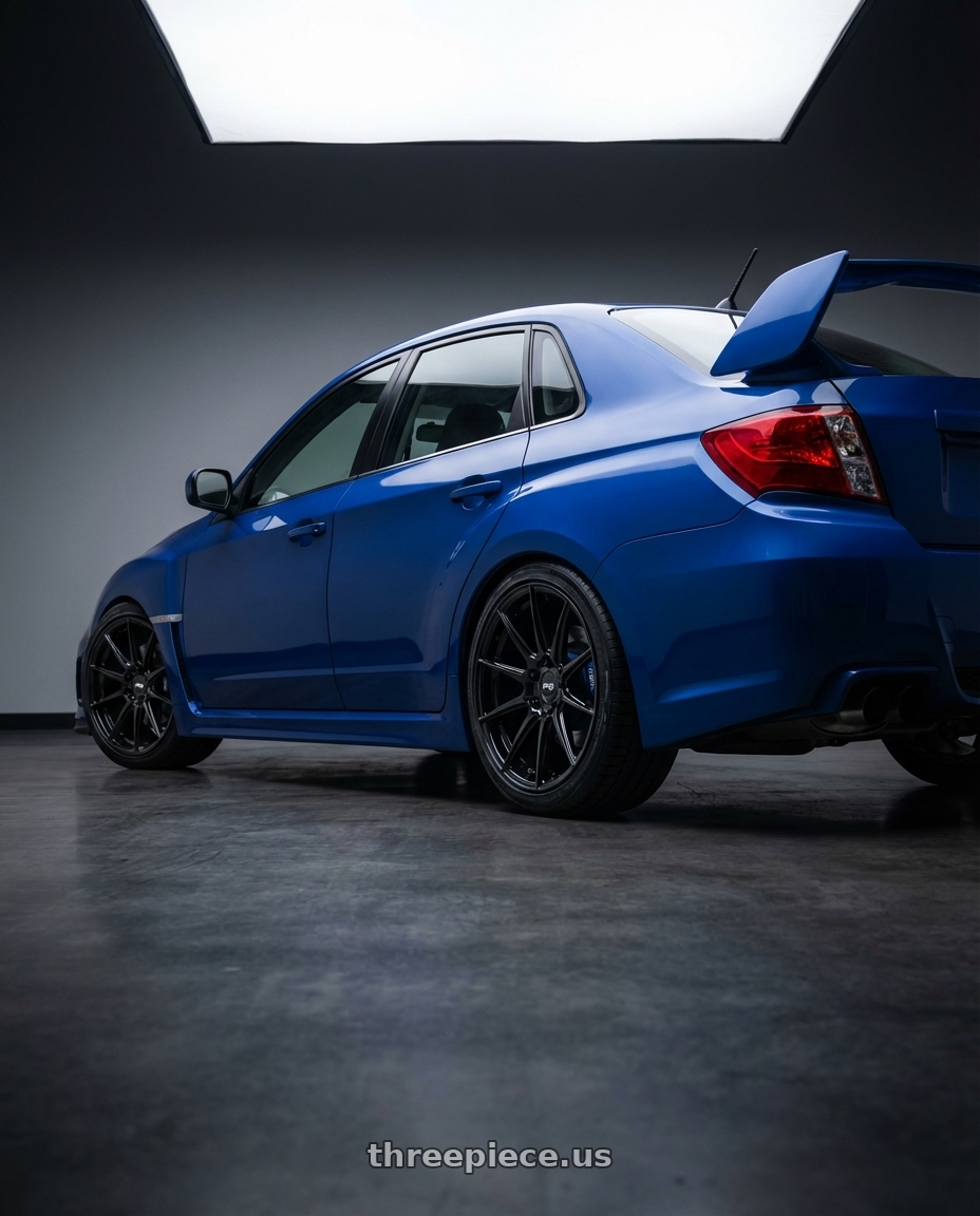 2013 Subaru WRX STI with Niche 1PC M224 GAMMA 5X114.3 18X8 +40 GLOSS BLACK wheels rear three quarter view square tires