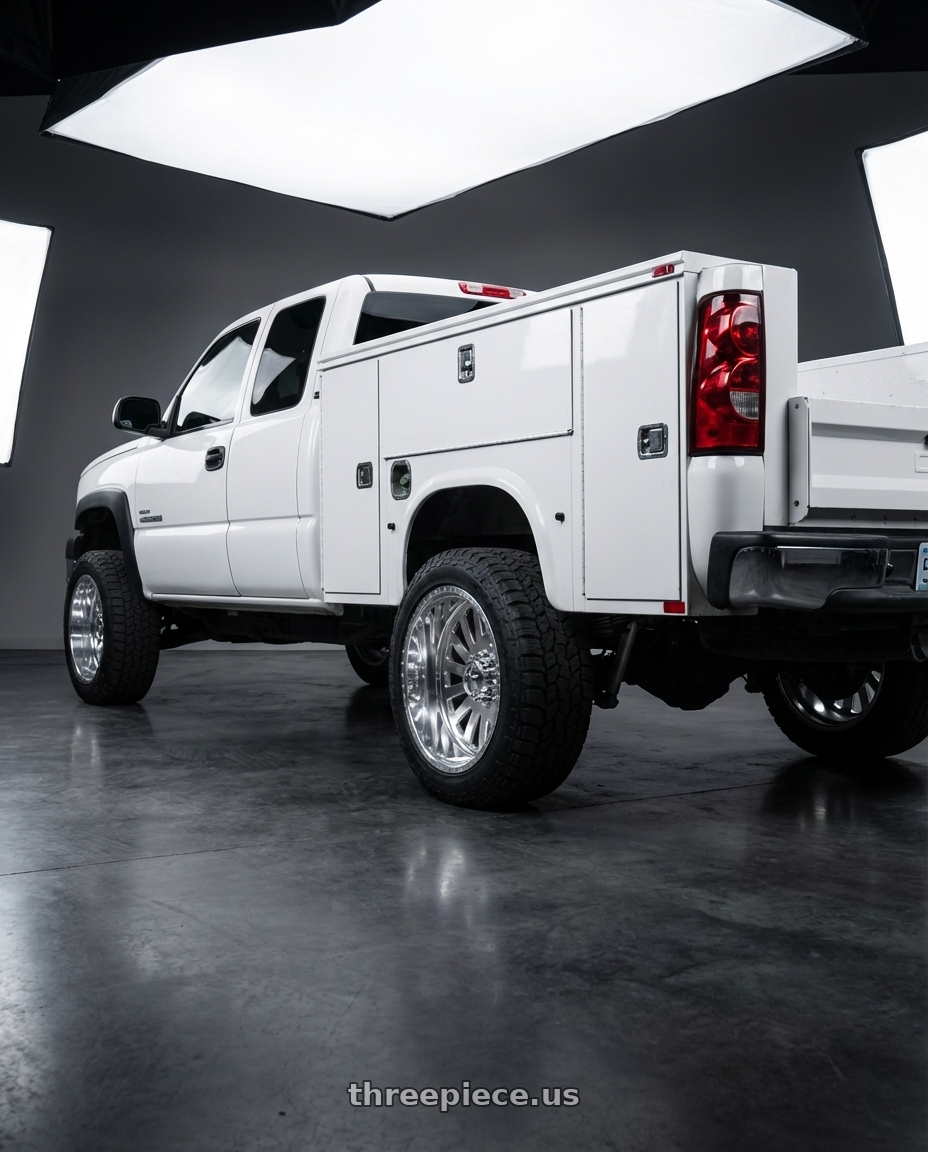 2003 Chevrolet 2500 hd with American Force 74 Octane SS 6X135 22X12 -40 POLISHED wheels rear three quarter view square tires