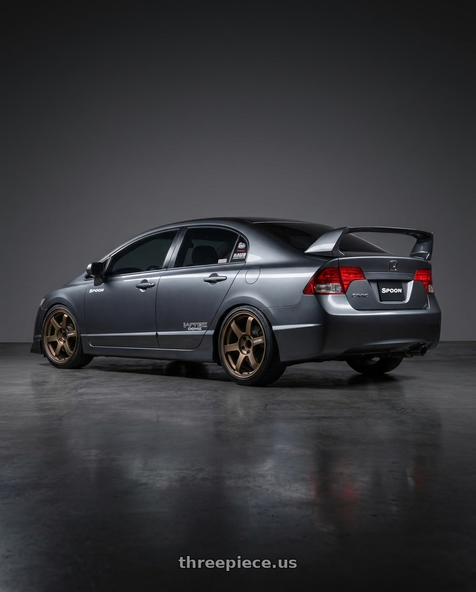 2009 Honda Civic with Volk Racing TE37 Saga S-Plus 5x114.3 18x7.5+48 Bronze wheels rear three quarter view slight stretch tires
