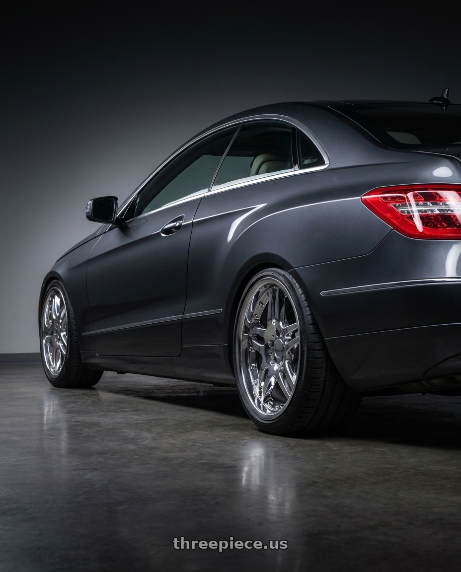 2010 Mercedes-Benz E350 with OE Wheels MB09 5x112 18x8.5+35 Chrome wheels rear three quarter view square tires