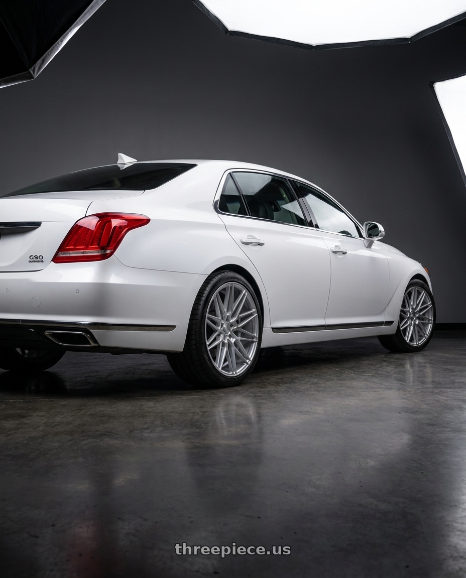 2018 genesis g90 ultimate with Axe CF1 5x114 20X10.5+43 SILVER wheels rear three quarter view square tires