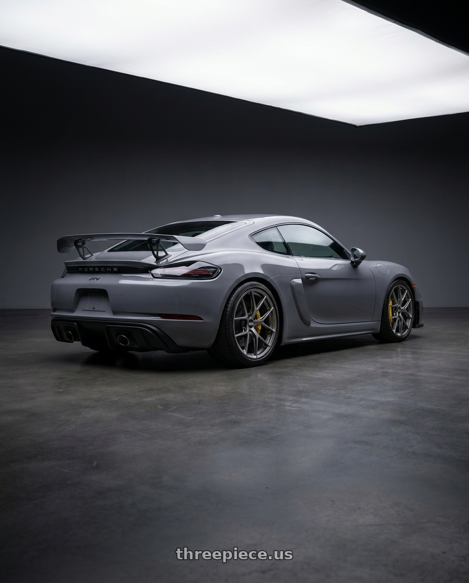 2021 Porsche 718 gt4 with BBS FI-R 5x130 20x11.5+62 Gloss Platinum wheels rear three quarter view square tires