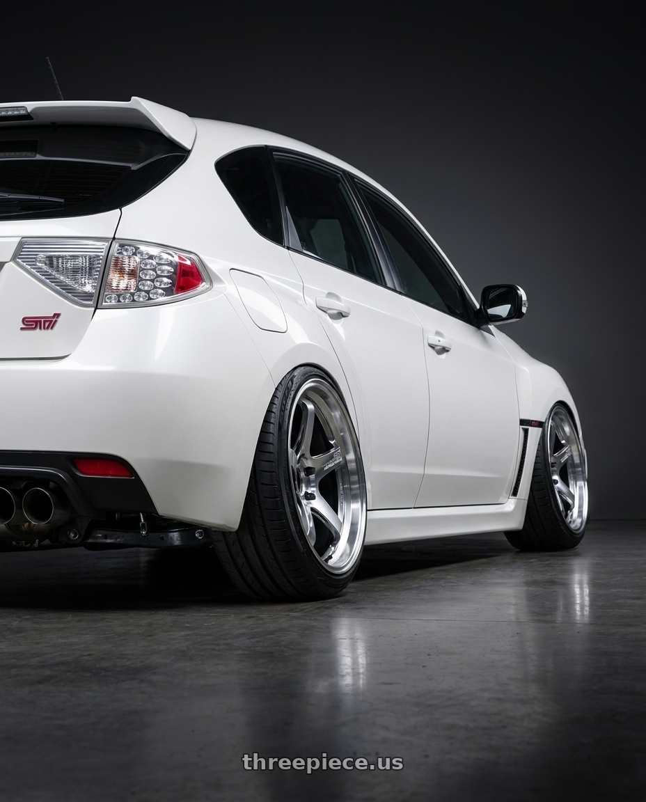 2010 Subaru Impreza WRX STI A-Line Type S white with Advan Racing GT BEYOND-R 5x114.3 18x10.5 +15 MACHINING & DIAMOND CUTTING wheels rear three quarter view extreme stretch tires