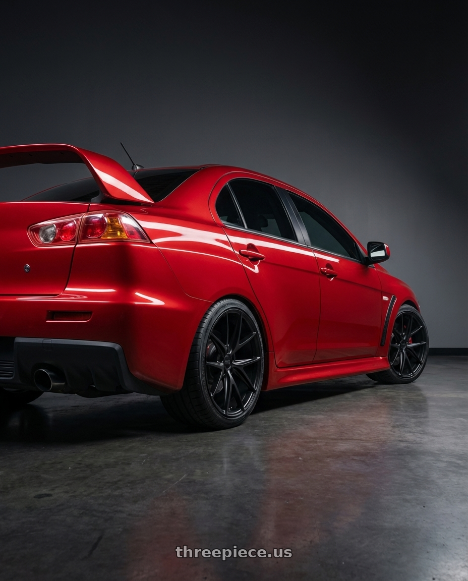 2012 Mitsubishi Lancer Evo X with Niche 1PC M117 MISANO 5X114.3 18X8 +42 MATTE BLACK wheels rear three quarter view square tires