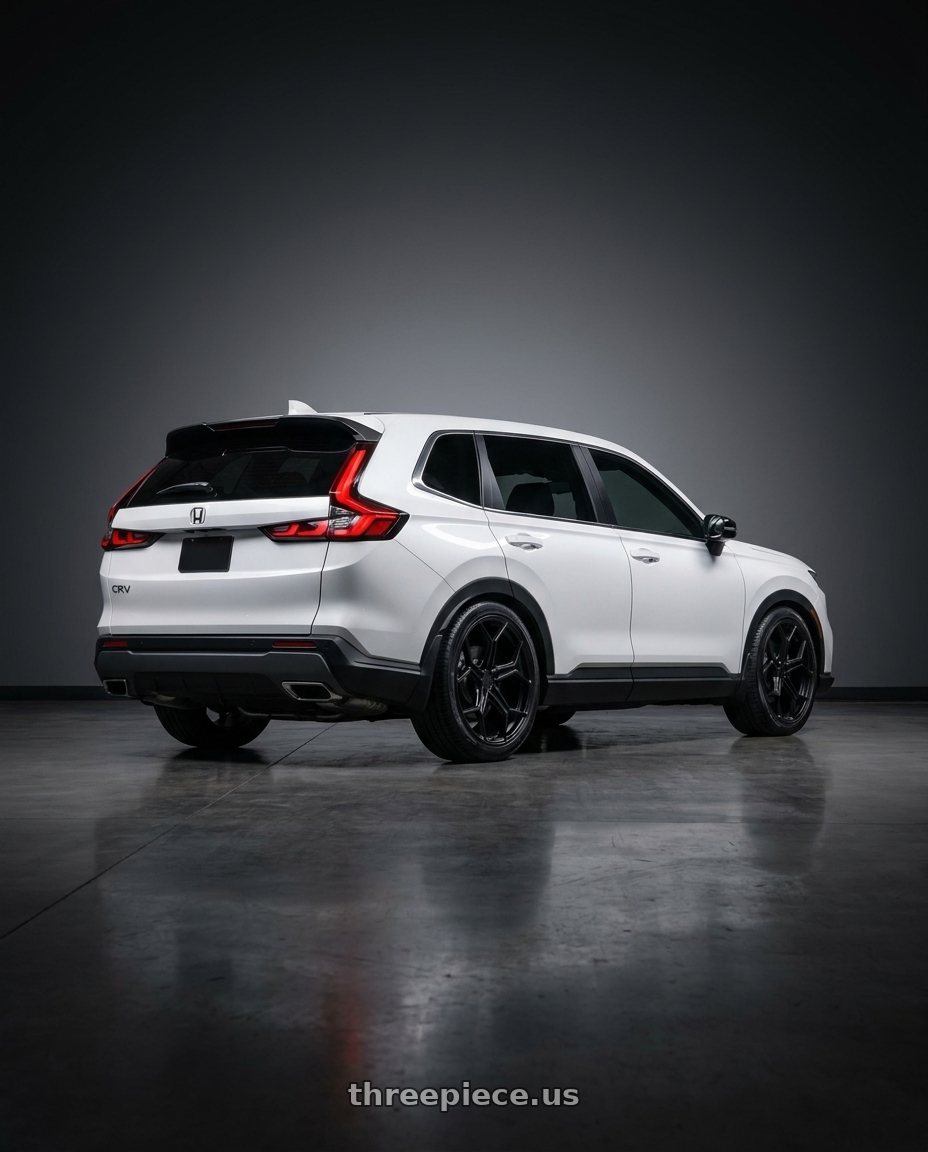 Honda CRV 2025 with XO HELSINKI 5X112 19X10 +52 MATTE BLACK wheels rear three quarter view slight stretch tires