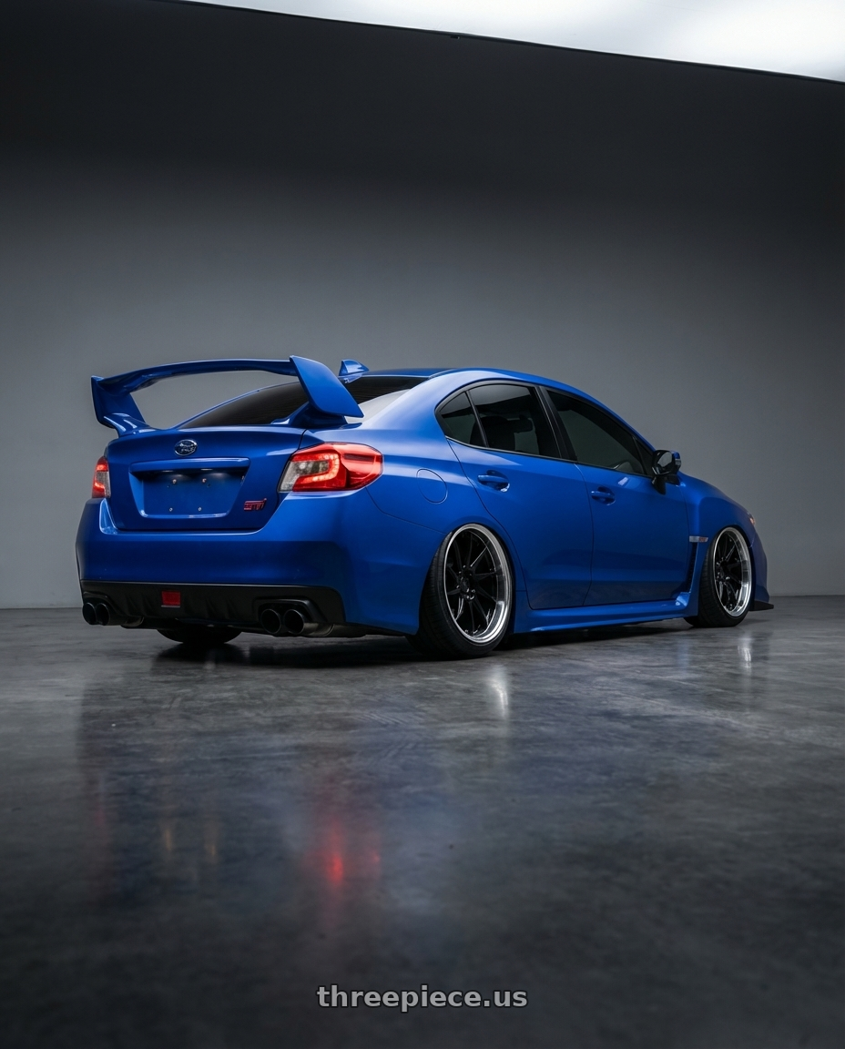 2013 Subaru WRX STI with Aodhan AH09 5x114.3 18x9.5 +35 Gloss Silver Machined Face wheels rear three quarter view slight stretch tires