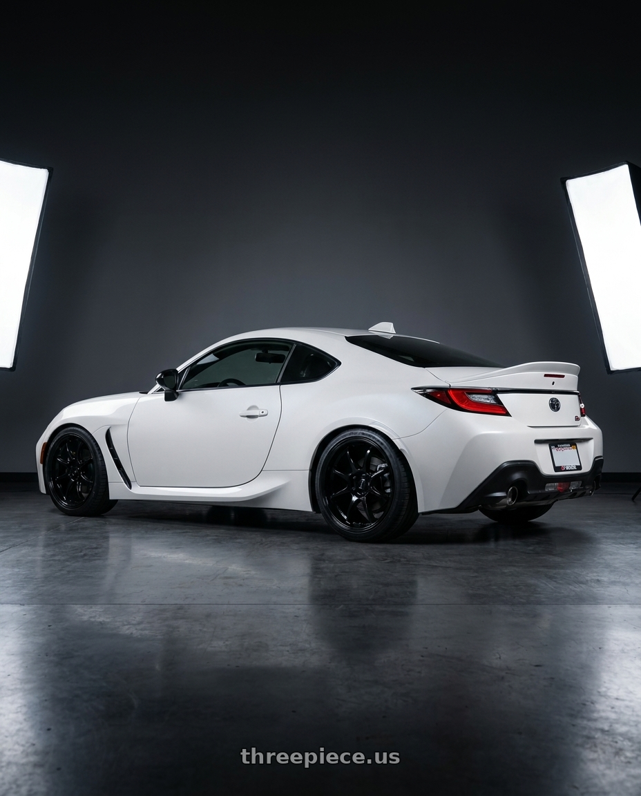 2026 Toyota gr86 with Work Emotion D9r 5x100 18x8.5 +38 Black wheels rear three quarter view square tires