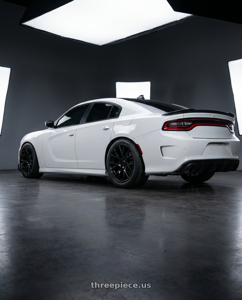 2021 dodge charger with Strada OE Replica Hellcat 5x115 20x9.5 +20 Gloss Black wheels rear three quarter view meaty tires