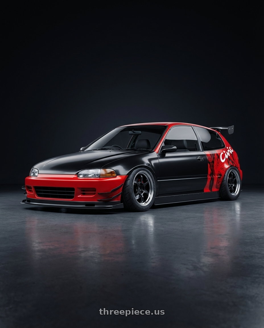 1993 Honda Civic eg5 with Advan Racing RG-D2 4x100 15x8.0 +28 MACHINING & BLACK GUNMETALLIC wheels front three quarter view stanced stance