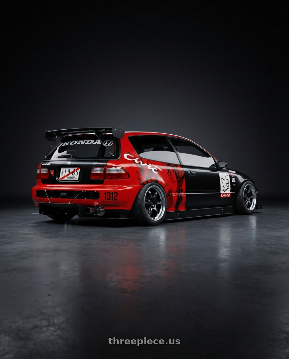 1993 Honda Civic eg5 with Advan Racing RG-D2 4x100 15x8.0 +28 MACHINING & BLACK GUNMETALLIC wheels rear three quarter view meaty tires