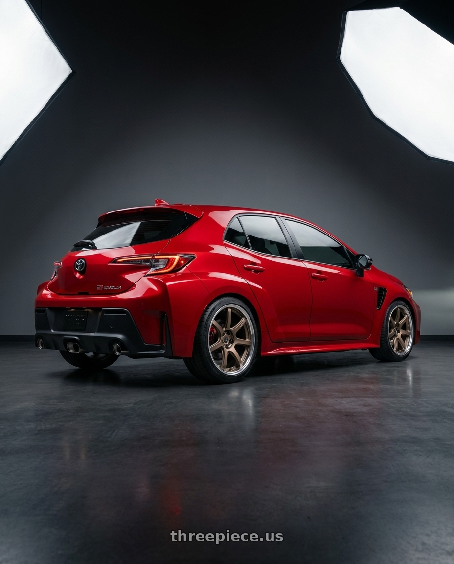 2026 Toyota GR Corola with Work T7r 2P 5x114.3 18x9.0 +22 Matte Bronze wheels rear three quarter view square tires