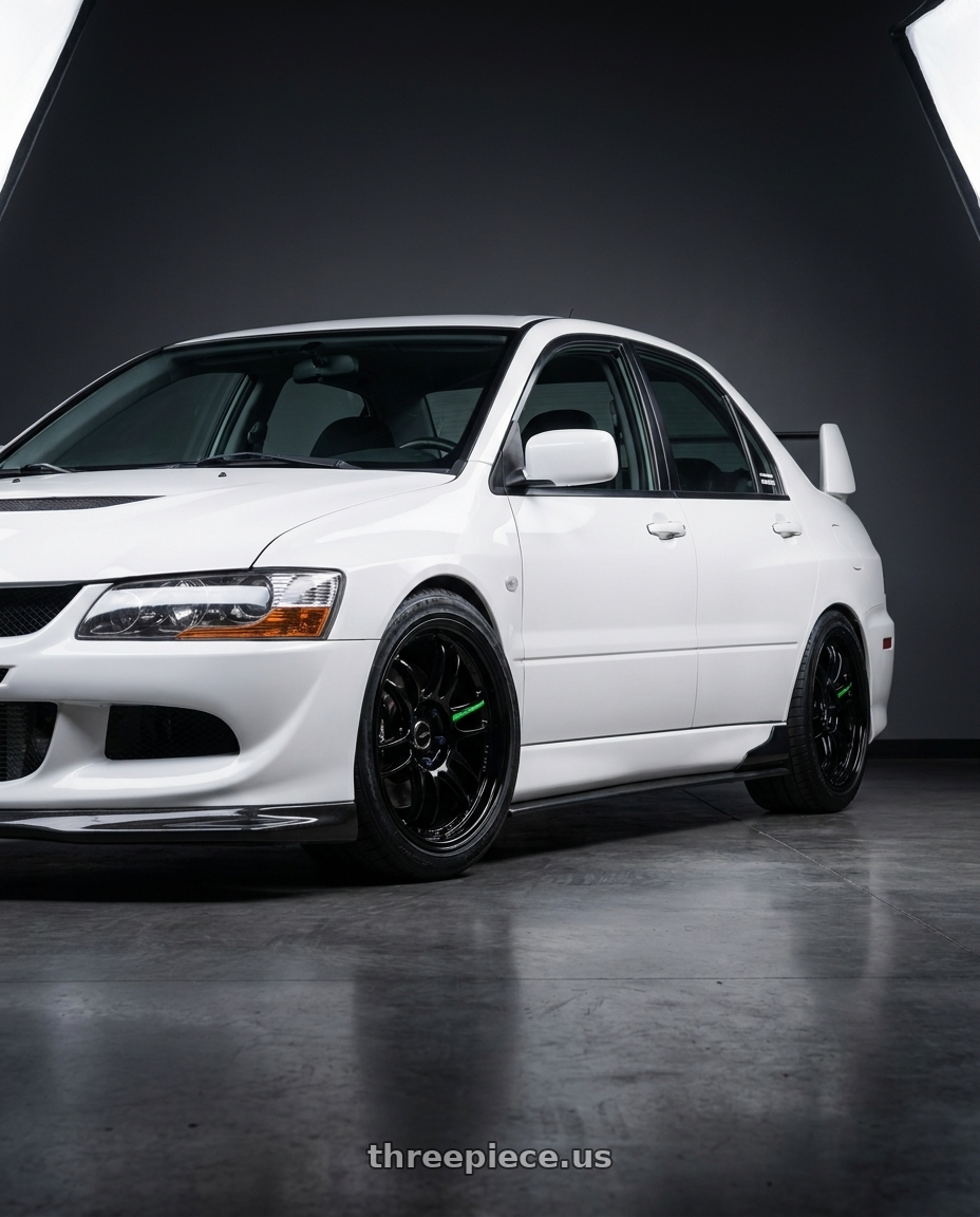 2005 Mitsubishi Lancer Evolution white with Work Emotion Zr10 5x114.3 19x8.5 +38 Black Diamond Lip Cut wheels