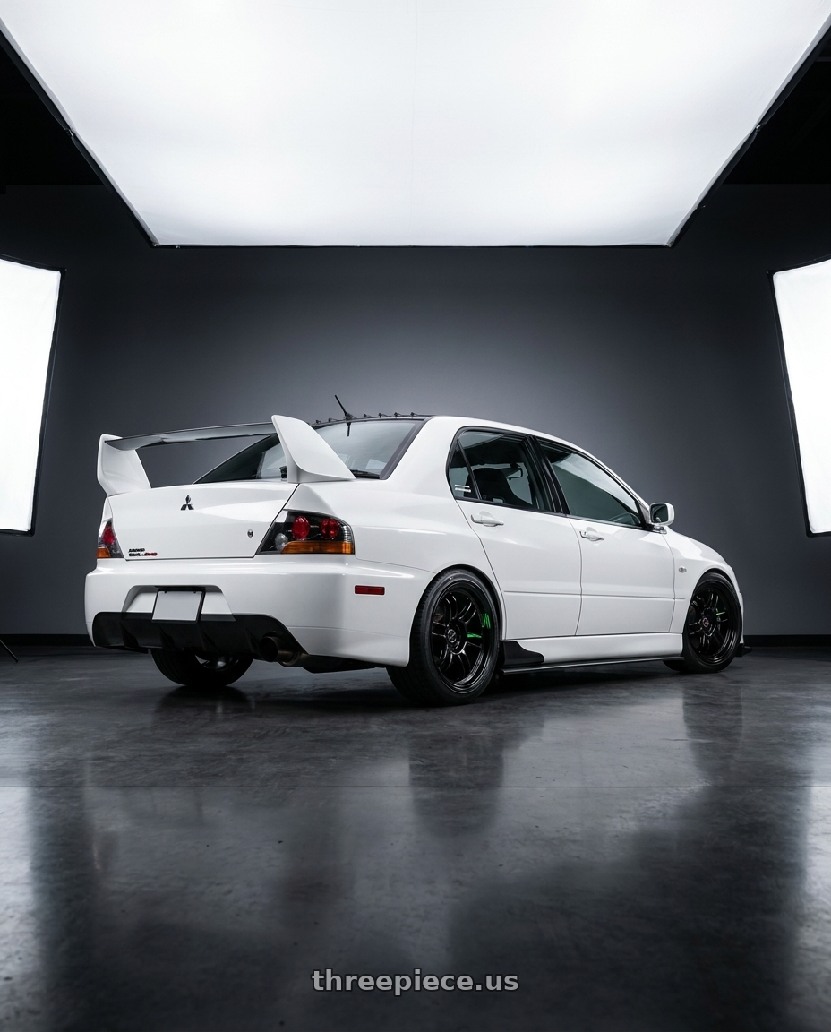 2005 Mitsubishi Lancer Evolution white with Work Emotion Zr10 5x114.3 19x8.5 +38 Black Diamond Lip Cut wheels rear three quarter view square tires