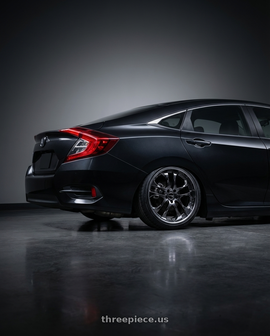 2016 Honda Civic  with Ssr Agle Minerva 5x114.3 19x9+37 SL Disk Super Black Coat wheels rear three quarter view square tires