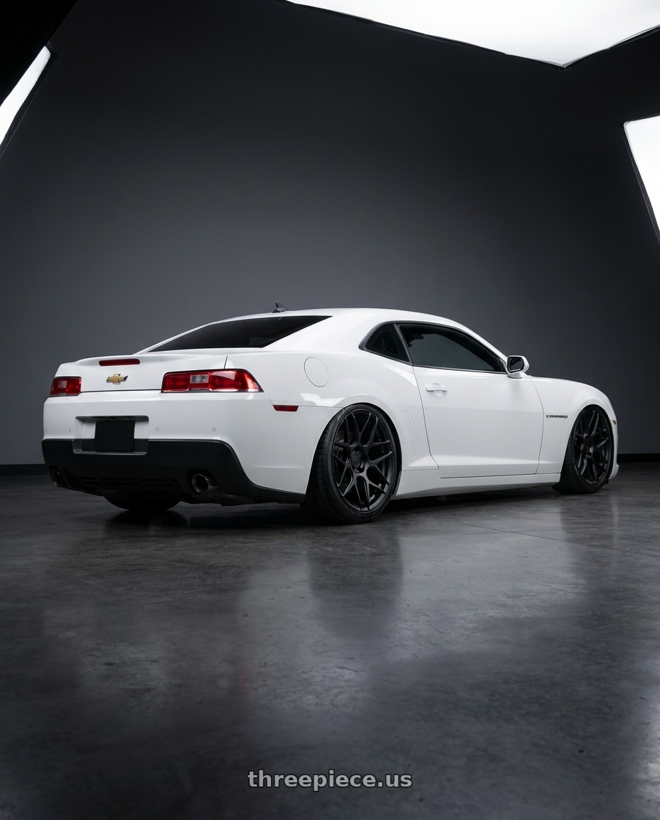 2014 Chevrolet Camaro 5th Gen with Aodhan AFF2 5x120 20x9+30 Matte Black wheels rear three quarter view slight stretch tires