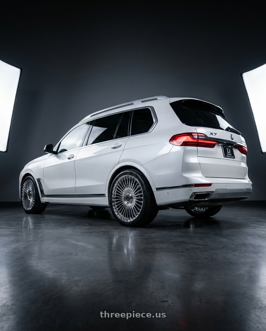 2025 BMW X7 with DOLCE LUXURY TRENTO 5x112 24x10 +40 Chrome wheels rear three quarter view square tires