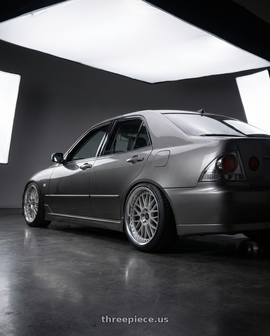 1998 Toyota Altezza with Work Vs-Xx 5x114.3 18x8.5+39 O Disk Light Grey Silver wheels rear three quarter view square tires