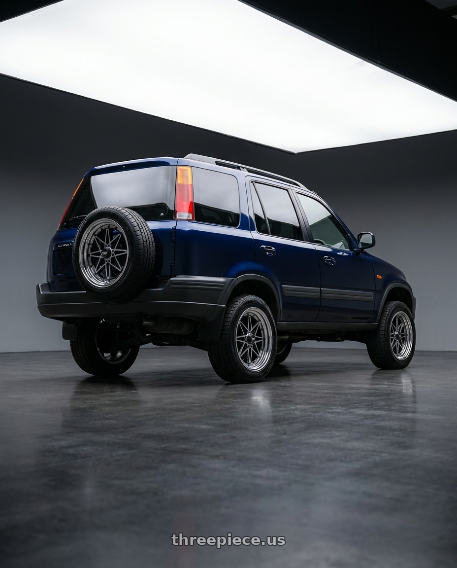 1997 Honda CRV with EQUIP 03 Black Polish 4x114.3 15x7 +32MM wheels rear three quarter view square tires