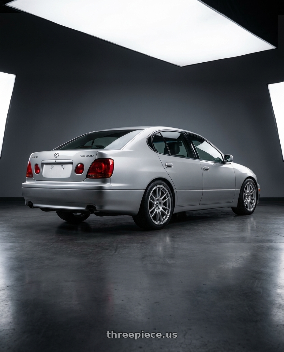 2001 lexus gs300 with Enkei GTC02 5x114.3 18x9.5+15 Hyper Silver wheels rear three quarter view square tires