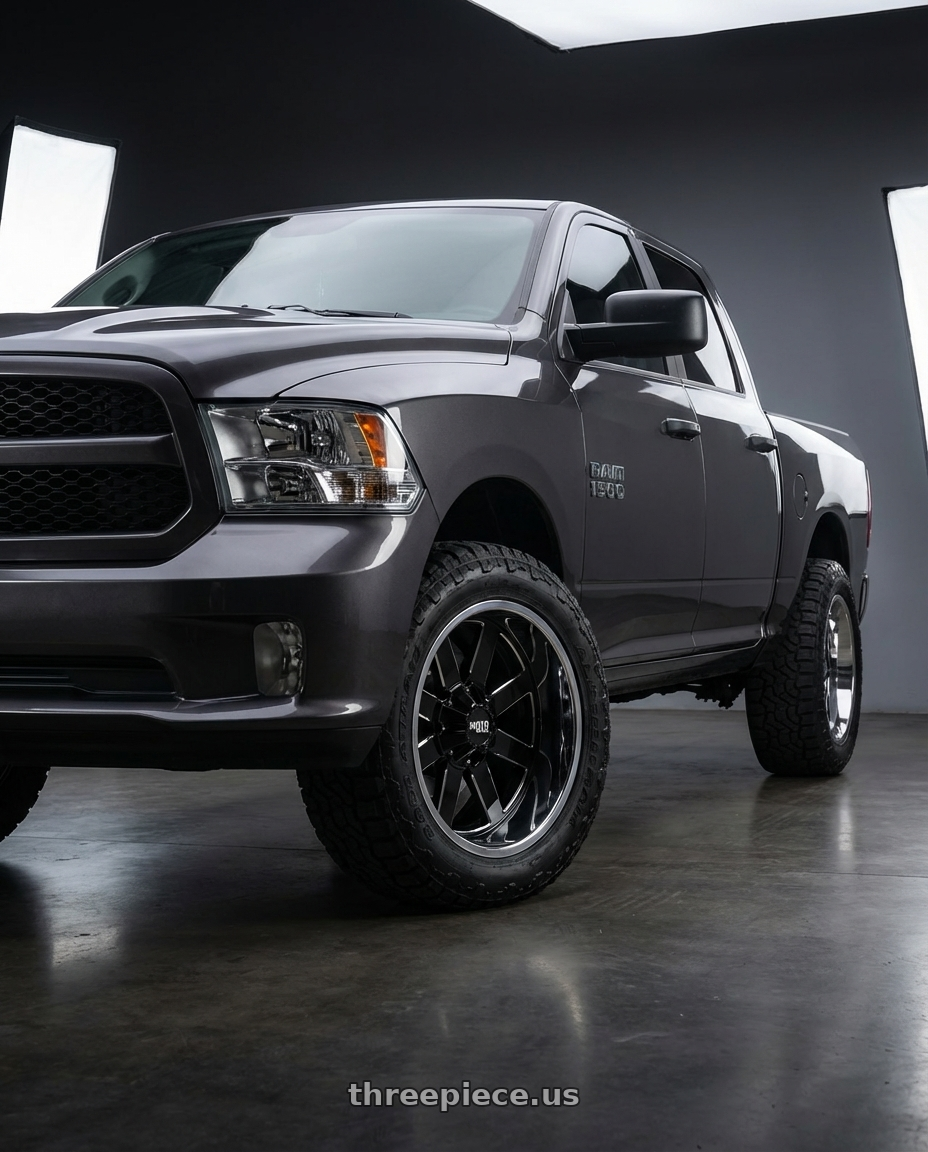 2024 Ram 1500 with Moto Metal MO200 6X139.7 22X12 -44 GLOSS BLACK MILLED CENTER CHROME LIP wheels