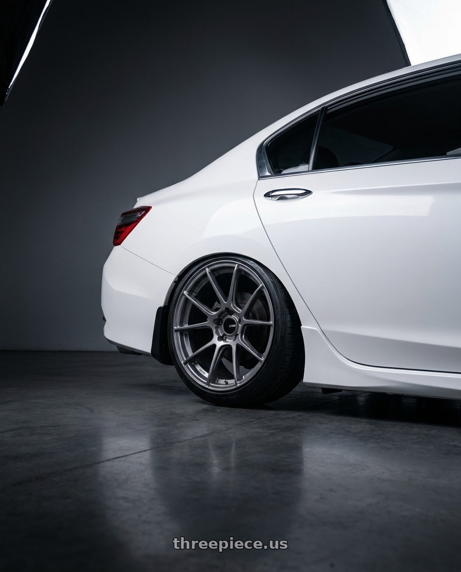 2016 Honda accord  with Enkei TS-V 5x114.3 18x9.5+38 Storm Grey wheels rear three quarter view square tires