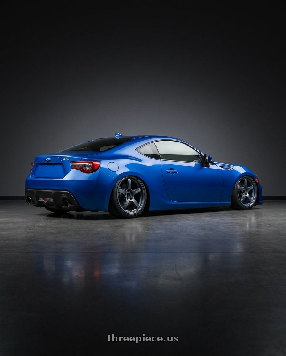 2017 Subaru BRZ with Gram Lights 57CR 5x100 18x9.5+38 Gunblue II wheels rear three quarter view slight stretch tires