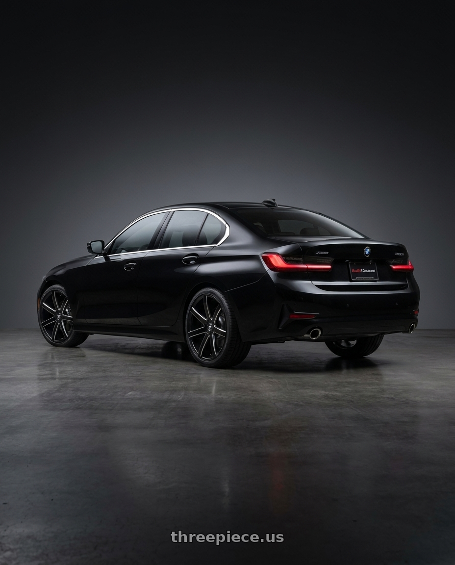 2020 bmw 330i with DUB 1PC S109 PUSH 6X132 19X8.5 +30 GLOSS BLACK MILLED wheels rear three quarter view square tires