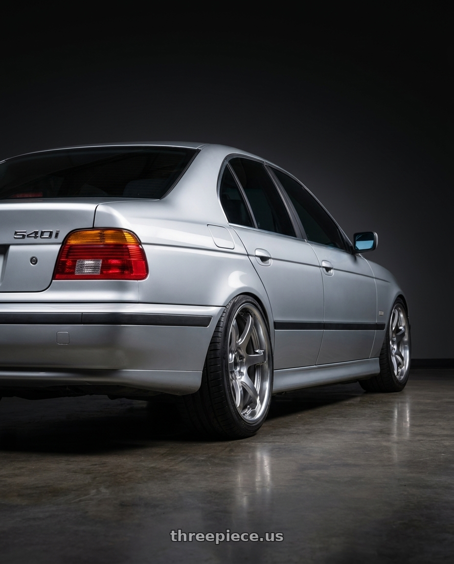 1997 bmw 540i with Ssr Reiner Type 6R 5x100 19X9.5 12 Hyper Disk Titan Silver wheels rear three quarter view slight stretch tires