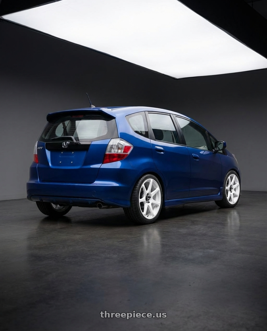 2010 honda fit with Motegi MR154 BATTLE 5X114.3 17X8 +43 WHITE wheels rear three quarter view square tires