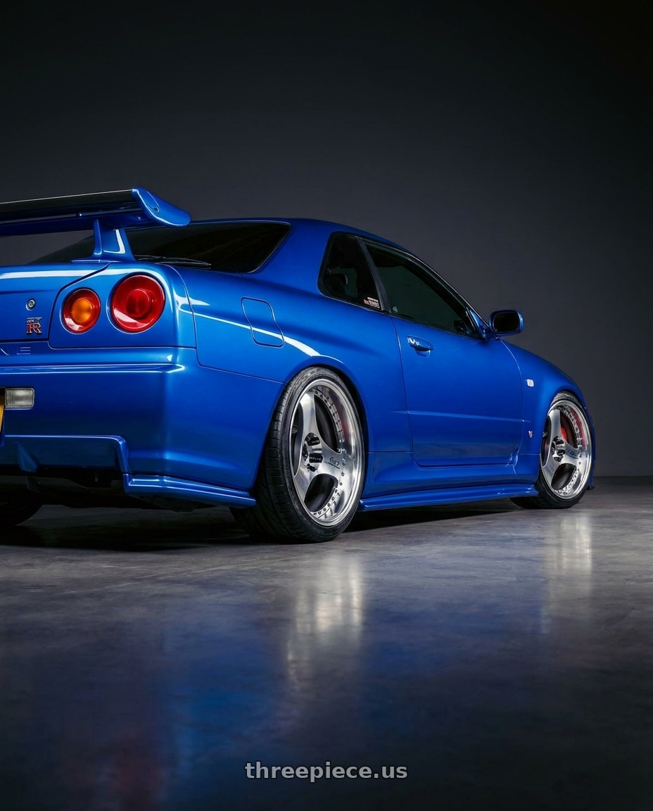 1998 Nissan Skyline R34 GT with Advan Racing ONI2 PROGRESSIVE 5x114.3 20x11.0 +15 MACHINING & DIAMOND CUT wheels rear three quarter view extreme stretch tires