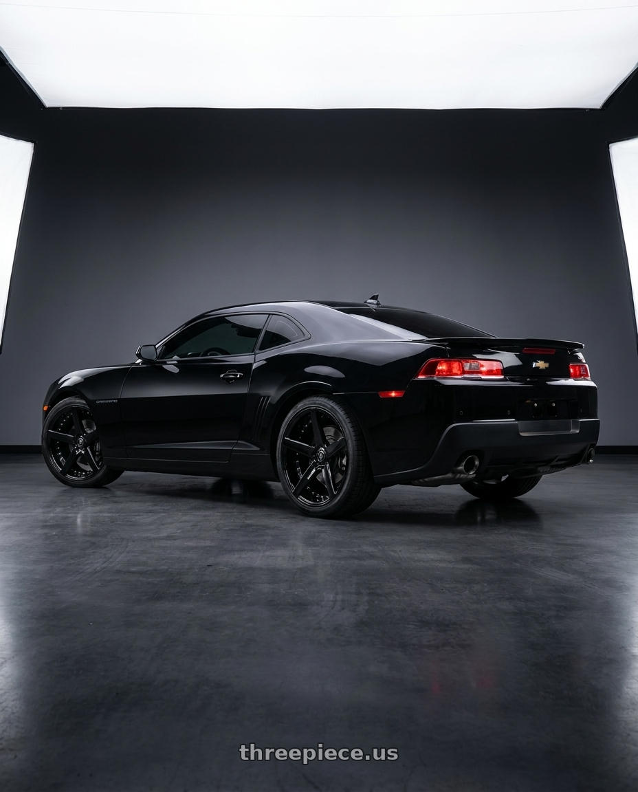 2015 Chevrolet Camaro SS Coupe with MARQUEE WHEELS M3226 5x120 20x10.5+38 BLACK - GLOSSY BLACK wheels rear three quarter view square tires