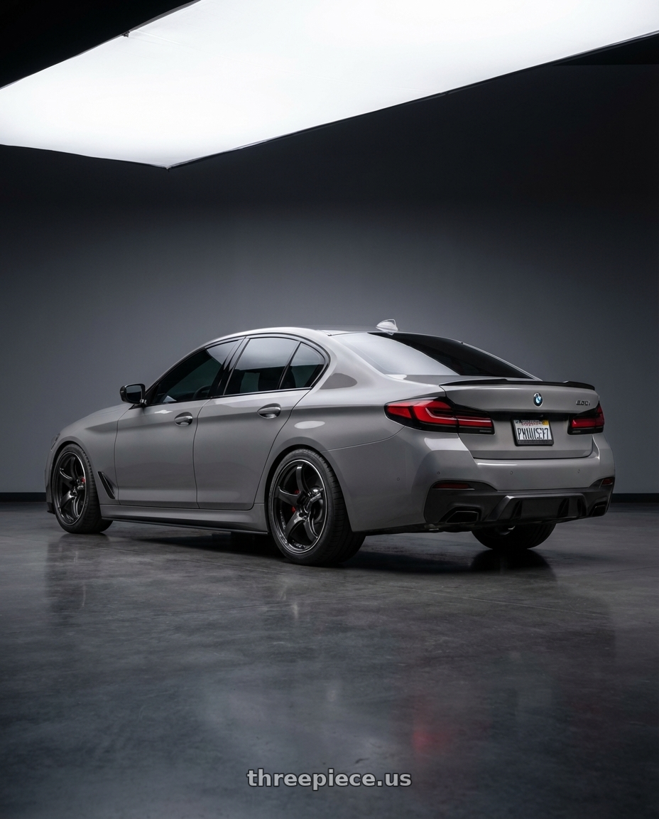 2022 BMW 530i with Advan Racing TC4 5x112 18x9.0 +25 BLACK GUNMETALLIC & RING wheels rear three quarter view meaty tires